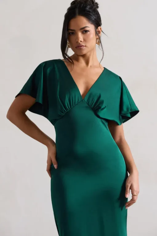 Marisa | Dark Green Satin V-Neck Flutter-Sleeve Maxi Dress