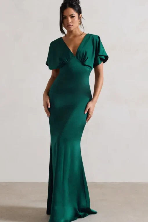 Marisa | Dark Green Satin V-Neck Flutter-Sleeve Maxi Dress