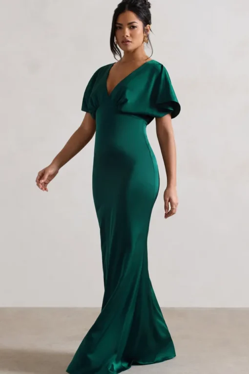 Marisa | Dark Green Satin V-Neck Flutter-Sleeve Maxi Dress