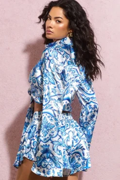 Marisela | Blue Porcelain Print Satin Flared Sleeve Cropped Shirt