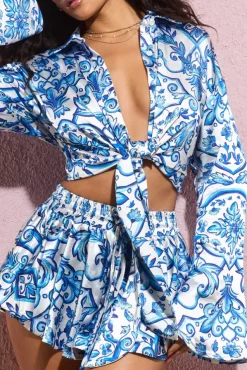 Marisela | Blue Porcelain Print Satin Flared Sleeve Cropped Shirt
