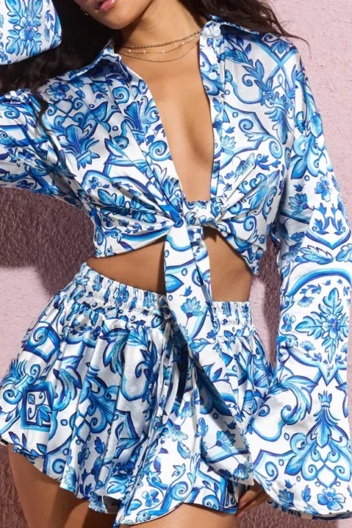 Marisela | Blue Porcelain Print Satin Flared Sleeve Cropped Shirt