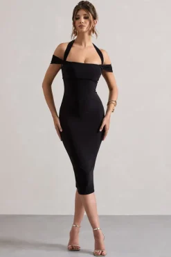 Marla | Black Halter-Neck Draped-Sleeve Midi Dress