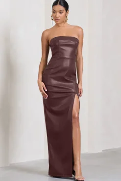 Marlene | Burgundy Faux Leather Strapless Bandeau Split Maxi Dress