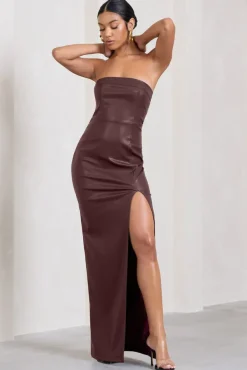 Marlene | Burgundy Faux Leather Strapless Bandeau Split Maxi Dress