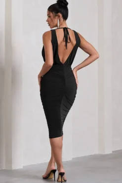 Marlowe | Black Ruched Plunge Sleeveless Midi Dress