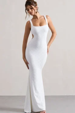 Marseille | White Broderie Knit Square-Neck Cut-Out Maxi Dress
