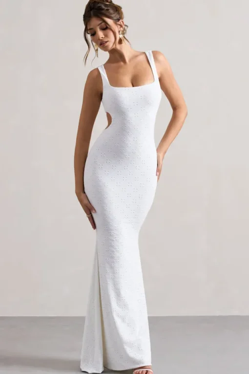 Marseille | White Broderie Knit Square-Neck Cut-Out Maxi Dress