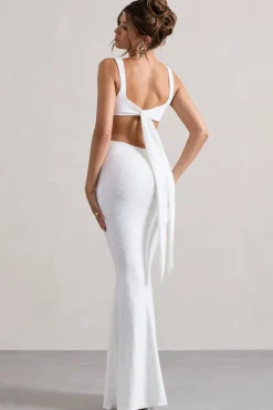 Marseille | White Broderie Knit Square-Neck Cut-Out Maxi Dress