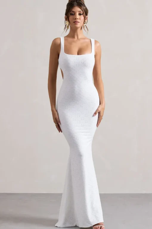 Marseille | White Broderie Knit Square-Neck Cut-Out Maxi Dress