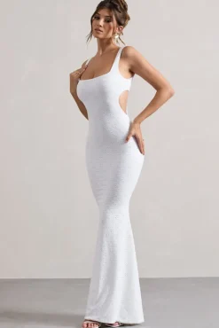 Marseille | White Broderie Knit Square-Neck Cut-Out Maxi Dress