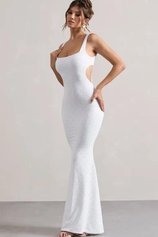 Marseille | White Broderie Knit Square-Neck Cut-Out Maxi Dress