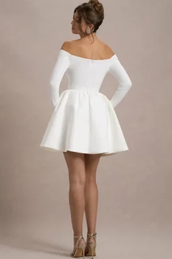 Marta | White Bardot Long-Sleeve Mini Dress