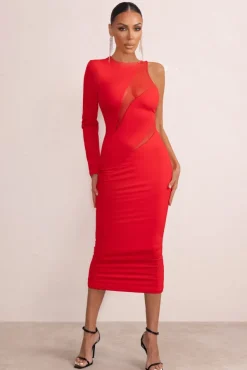 Marya | Red High Neck Asymmetric Mesh Detail Bodycon Midi Dress