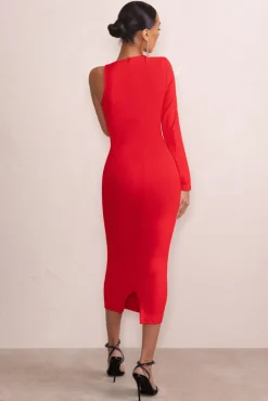 Marya | Red High Neck Asymmetric Mesh Detail Bodycon Midi Dress