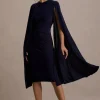 Marysol | Navy Asymmetric Cape Midi Dress