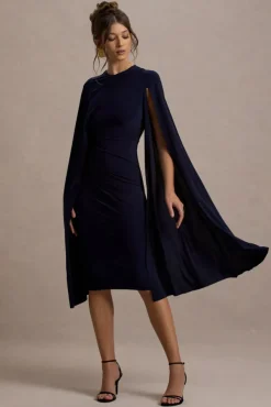 Marysol | Navy Asymmetric Cape Midi Dress