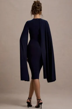 Marysol | Navy Asymmetric Cape Midi Dress