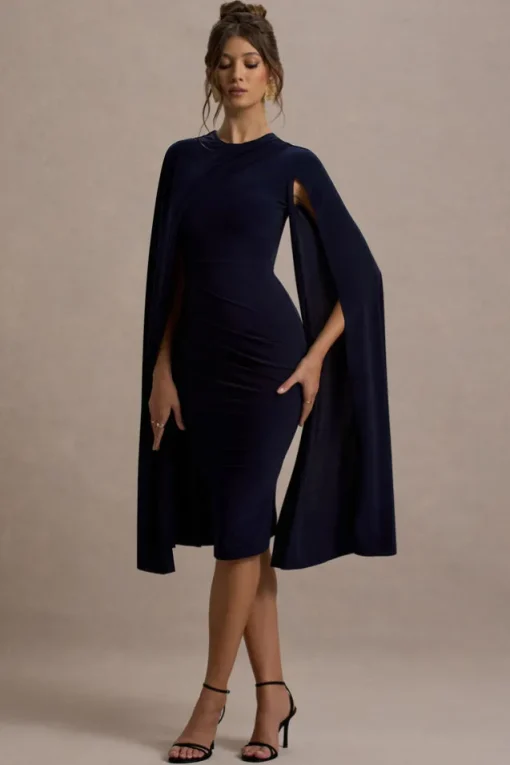 Marysol | Navy Asymmetric Cape Midi Dress