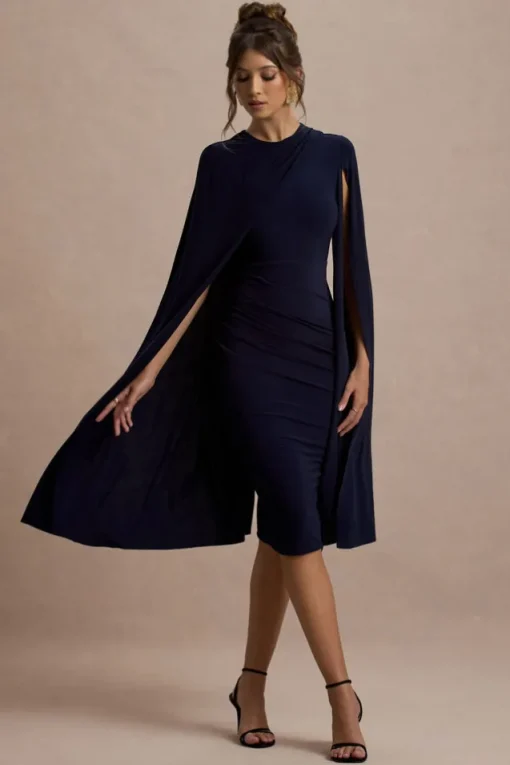 Marysol | Navy Asymmetric Cape Midi Dress
