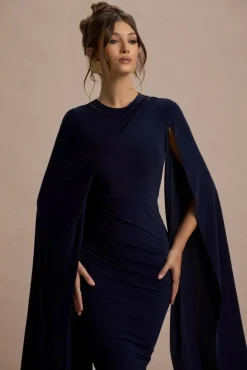 Marysol | Navy Asymmetric Cape Midi Dress