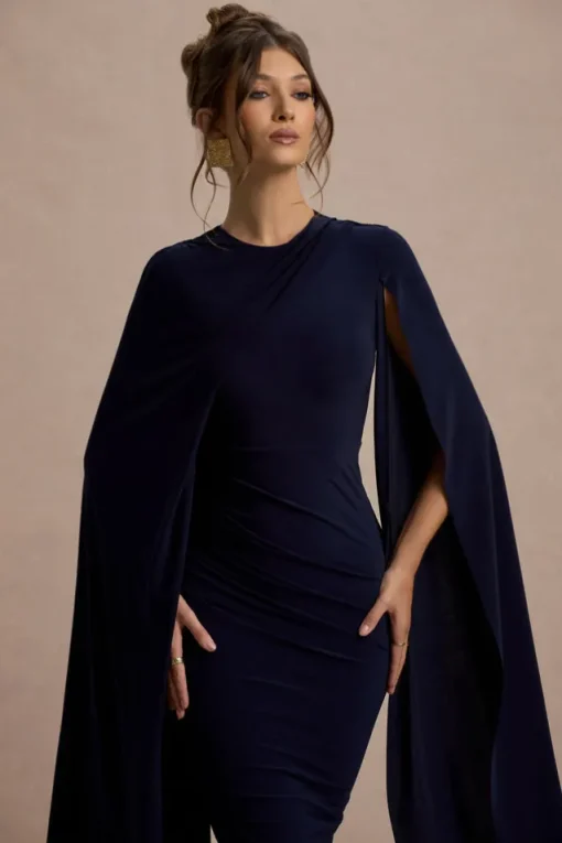 Marysol | Navy Asymmetric Cape Midi Dress