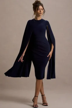 Marysol | Navy Asymmetric Cape Midi Dress
