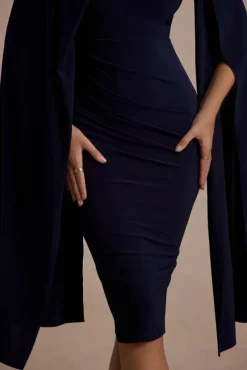 Marysol | Navy Asymmetric Cape Midi Dress