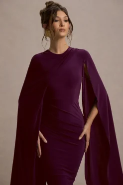 Marysol | Plum Asymmetric Cape Midi Dress