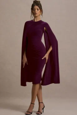 Marysol | Plum Asymmetric Cape Midi Dress