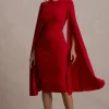 Marysol | Red Asymmetric Cape Midi Dress