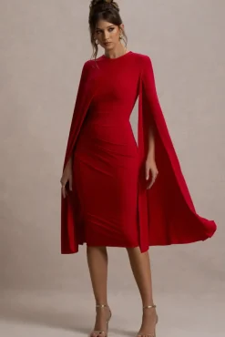 Marysol | Red Asymmetric Cape Midi Dress