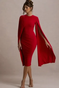 Marysol | Red Asymmetric Cape Midi Dress