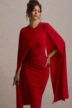 Marysol | Red Asymmetric Cape Midi Dress