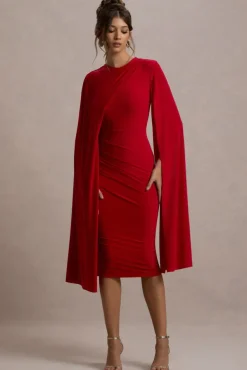 Marysol | Red Asymmetric Cape Midi Dress