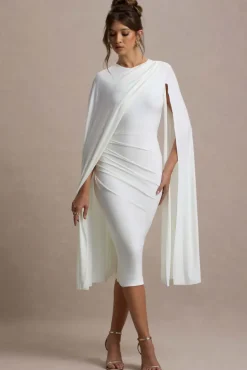 Marysol | White Asymmetric Cape Midi Dress