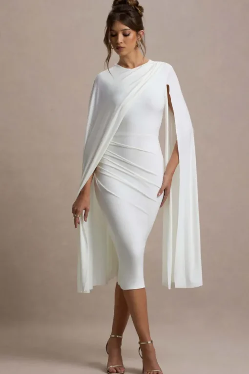 Marysol | White Asymmetric Cape Midi Dress