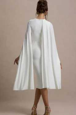 Marysol | White Asymmetric Cape Midi Dress