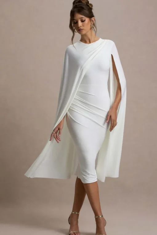 Marysol | White Asymmetric Cape Midi Dress