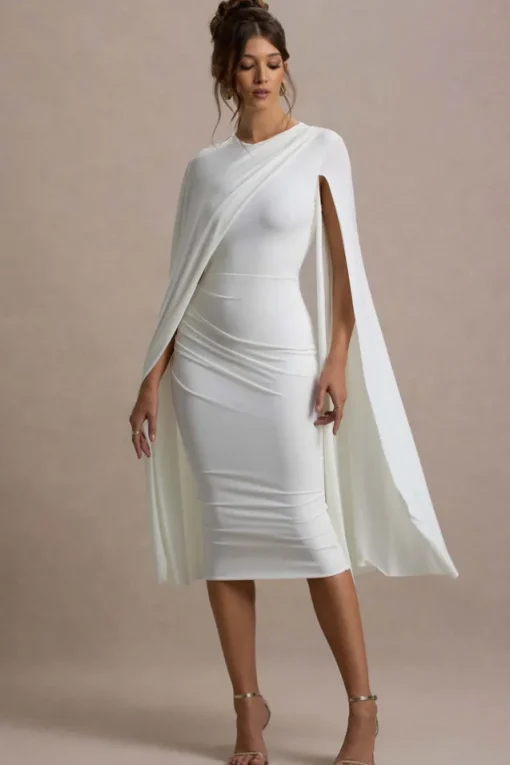 Marysol | White Asymmetric Cape Midi Dress