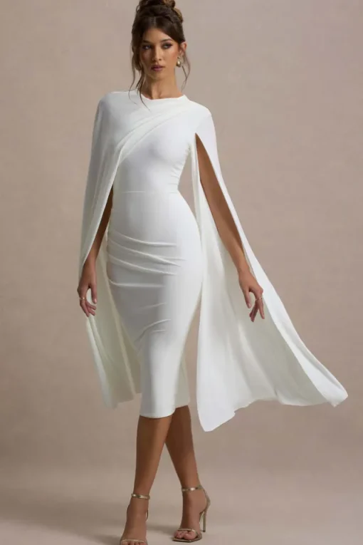 Marysol | White Asymmetric Cape Midi Dress