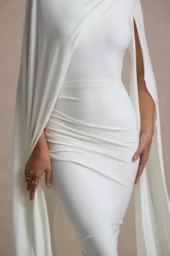 Marysol | White Asymmetric Cape Midi Dress