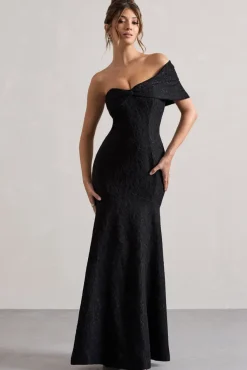 Masquerade | Black Lace Twisted Bardot Maxi Dress