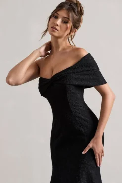 Masquerade | Black Lace Twisted Bardot Maxi Dress