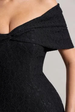 Masquerade | Black Lace Twisted Bardot Maxi Dress