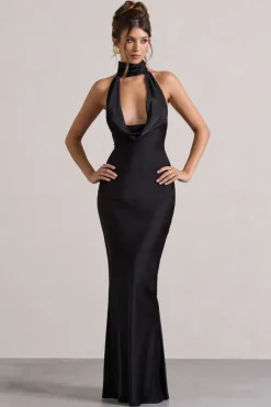 Matea | Black Satin Cowl-Neck Maxi Dress