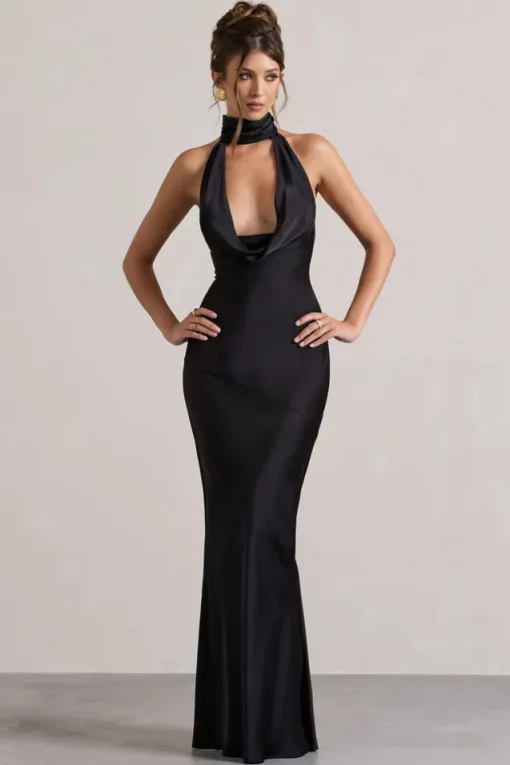 Matea | Black Satin Cowl-Neck Maxi Dress
