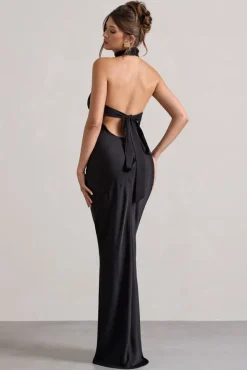 Matea | Black Satin Cowl-Neck Maxi Dress
