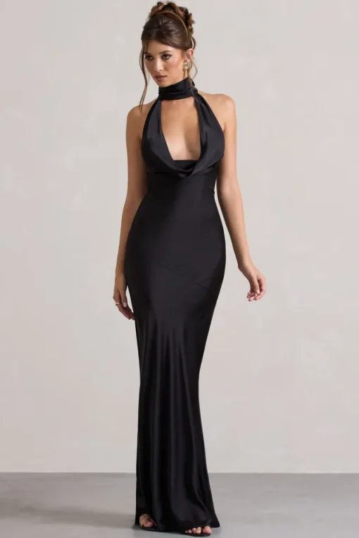 Matea | Black Satin Cowl-Neck Maxi Dress