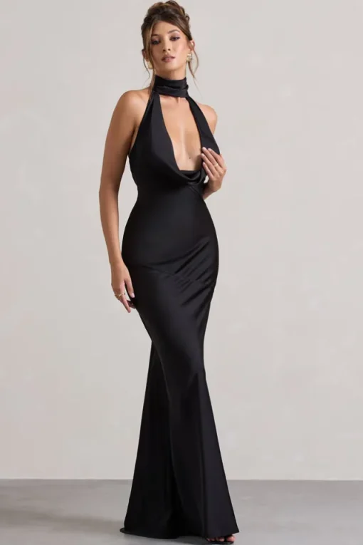Matea | Black Satin Cowl-Neck Maxi Dress